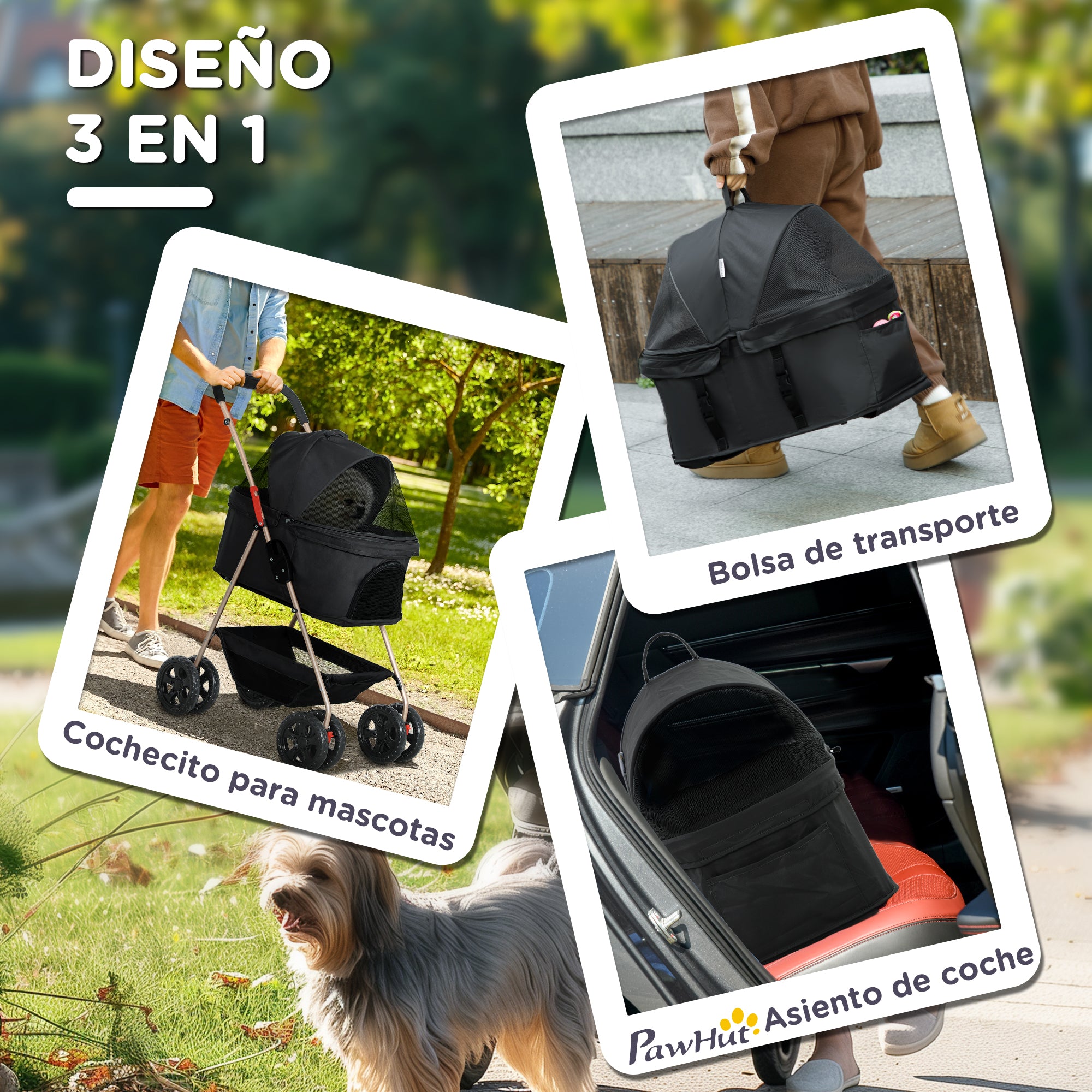 Foldable 3 in 1 Dog Stroller Pet Stroller for Small Dogs with Storage Basket Mesh Window Cup Holder and 2 Universal Wheels 76x50x102 cm Black