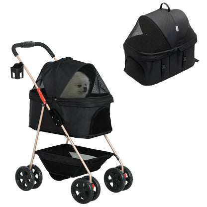 Foldable 3 in 1 Dog Stroller Pet Stroller for Small Dogs with Storage Basket Mesh Window Cup Holder and 2 Universal Wheels 76x50x102 cm Black