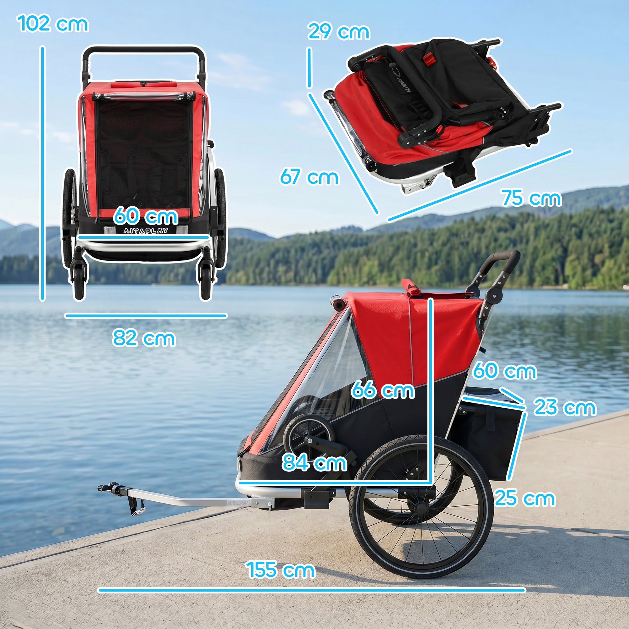 2-in-1 Bike Trailer & Stroller, 2-Seater Foldable Child Bike Trailer with 5-Point Harness and Safety Flag — for Children from 12 Months, Max 18 kg (39.7 lb)
