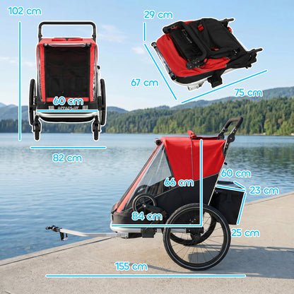2-in-1 Bike Trailer & Stroller, 2-Seater Foldable Child Bike Trailer with 5-Point Harness and Safety Flag — for Children from 12 Months, Max 18 kg (39.7 lb)
