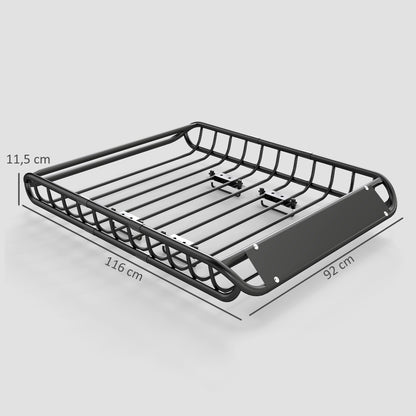 SPORTNOW Universal Roof Cargo Basket with Wind Deflector — Steel, Rust-Resistant, 150 kg Capacity, 116 x 92 x 11.5 cm (45.7 x 36.2 x 4.5 in) — Black