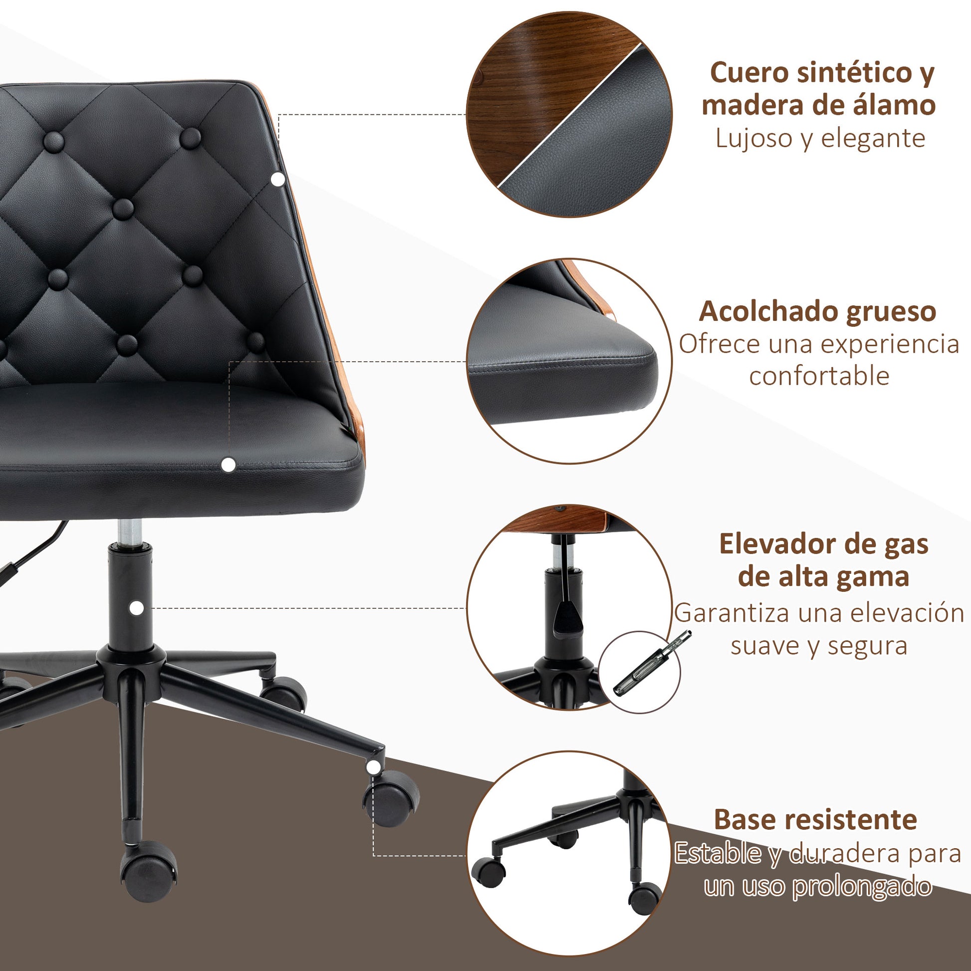 Swivel Office Chair Ergonomic Desk Chair Upholstered in PU Leather with Adjustable Height Rocking Function for Living Room Bedroom Office 53x62x87 cm Black