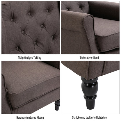 Wingback Chair with Tufting, High Backrest, Upholstered Lounge Chair with Rounded Armrests, Wooden Legs, for Bedroom, Living Room, up to 160 kg, Brown