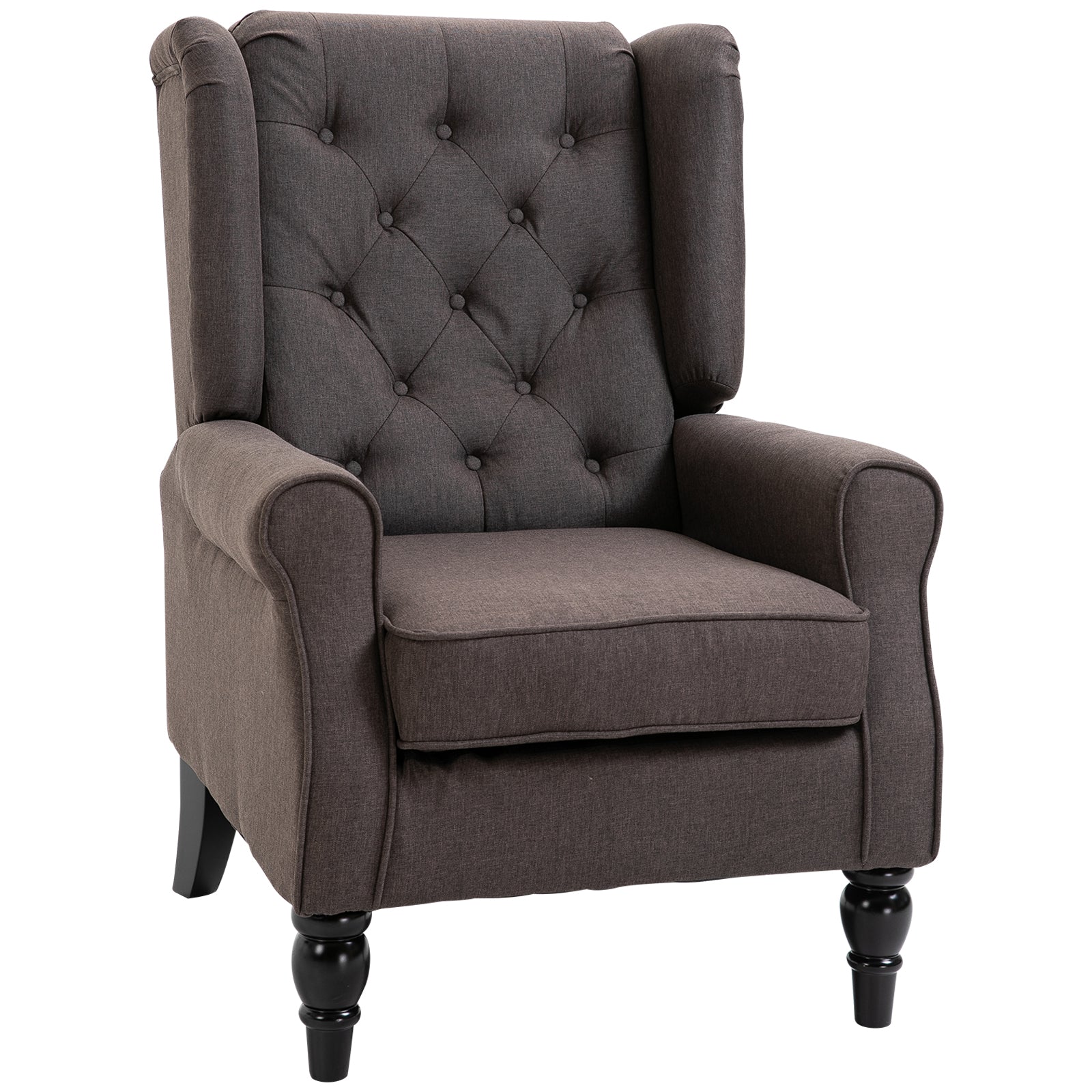 Wingback Chair with Tufting, High Backrest, Upholstered Lounge Chair with Rounded Armrests, Wooden Legs, for Bedroom, Living Room, up to 160 kg, Brown