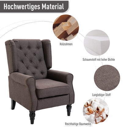 Wingback Chair with Tufting, High Backrest, Upholstered Lounge Chair with Rounded Armrests, Wooden Legs, for Bedroom, Living Room, up to 160 kg, Brown