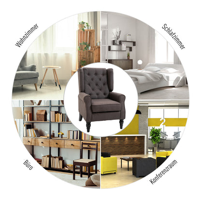 Wingback Chair with Tufting, High Backrest, Upholstered Lounge Chair with Rounded Armrests, Wooden Legs, for Bedroom, Living Room, up to 160 kg, Brown