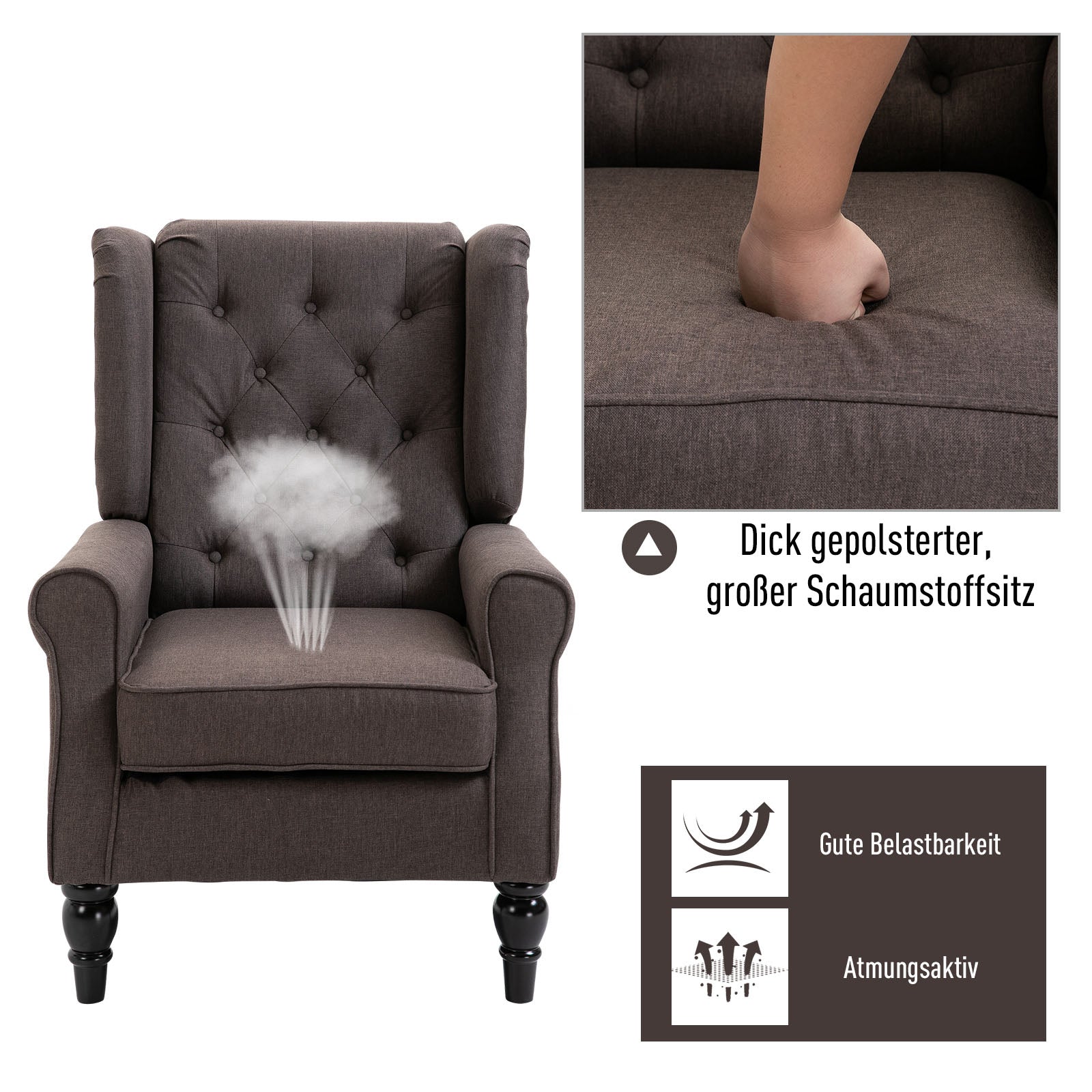Wingback Chair with Tufting, High Backrest, Upholstered Lounge Chair with Rounded Armrests, Wooden Legs, for Bedroom, Living Room, up to 160 kg, Brown
