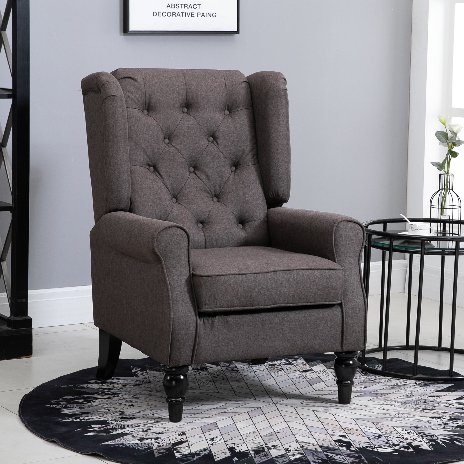 Wingback Chair with Tufting, High Backrest, Upholstered Lounge Chair with Rounded Armrests, Wooden Legs, for Bedroom, Living Room, up to 160 kg, Brown
