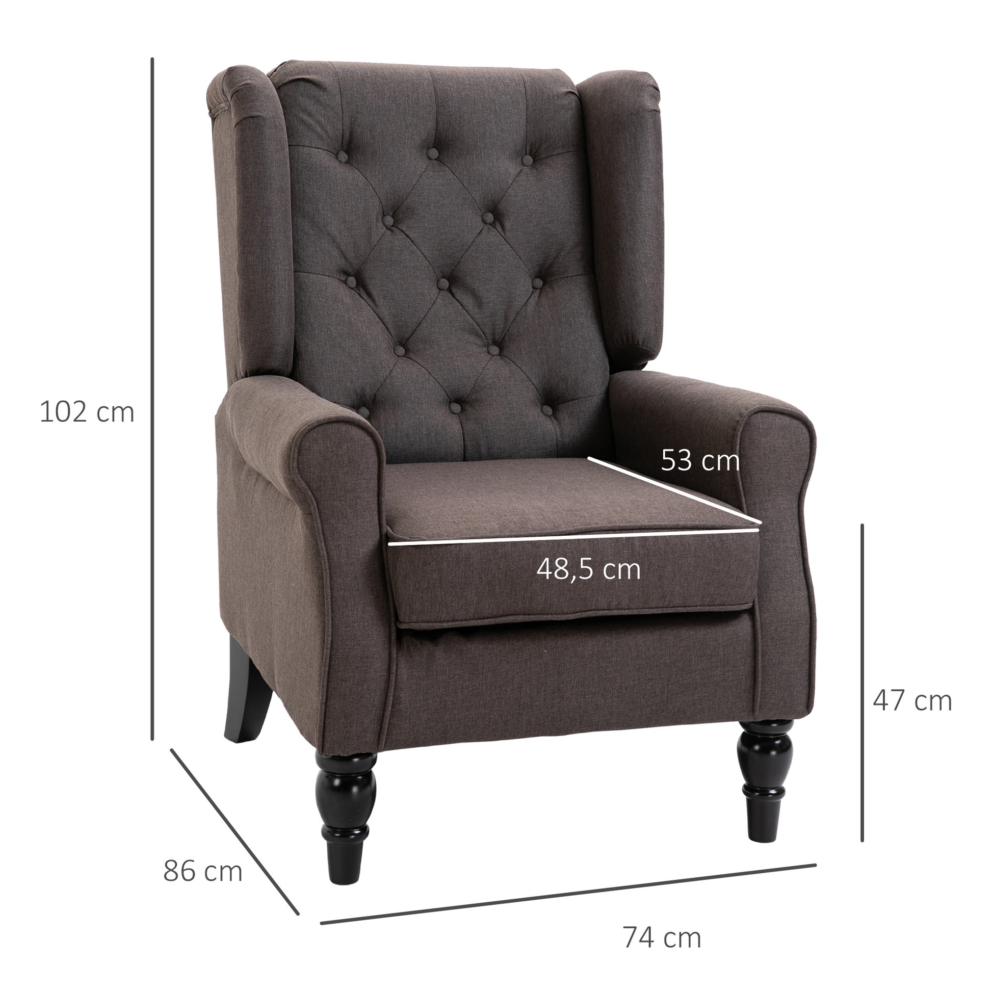 Wingback Chair with Tufting, High Backrest, Upholstered Lounge Chair with Rounded Armrests, Wooden Legs, for Bedroom, Living Room, up to 160 kg, Brown