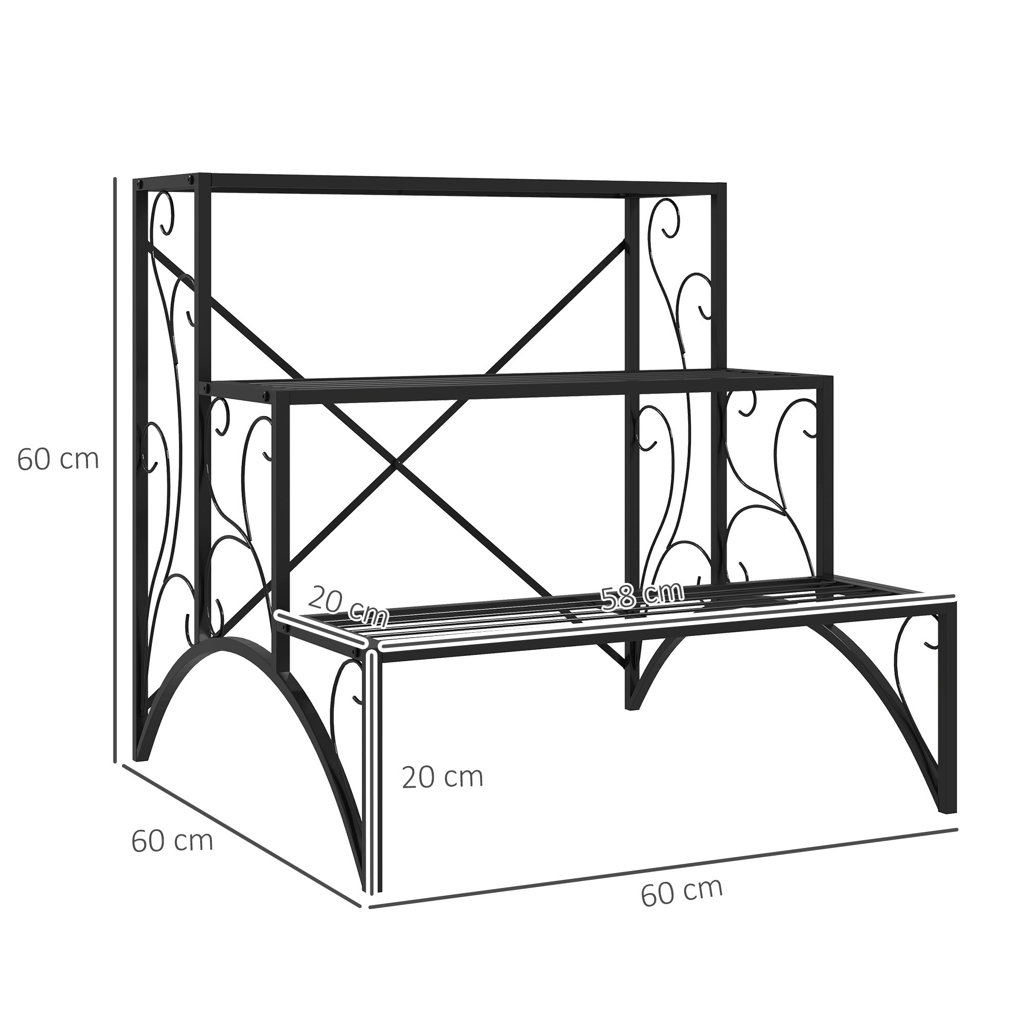 3-Tier Plant Stand, Indoor and Outdoor Plant Stand, Metal Plant Stand, 60x60x60 cm, Black