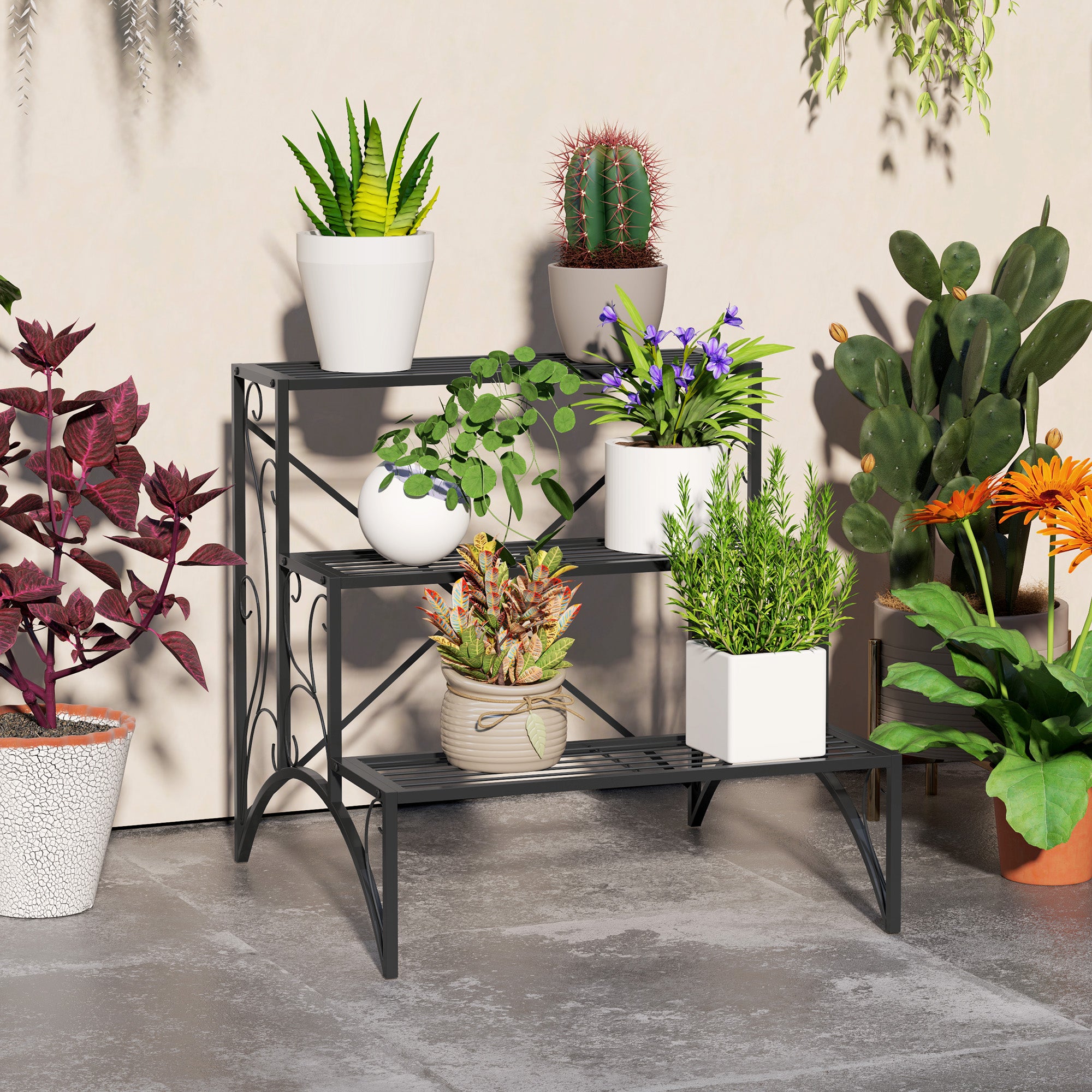 3-Tier Plant Stand, Indoor and Outdoor Plant Stand, Metal Plant Stand, 60x60x60 cm, Black