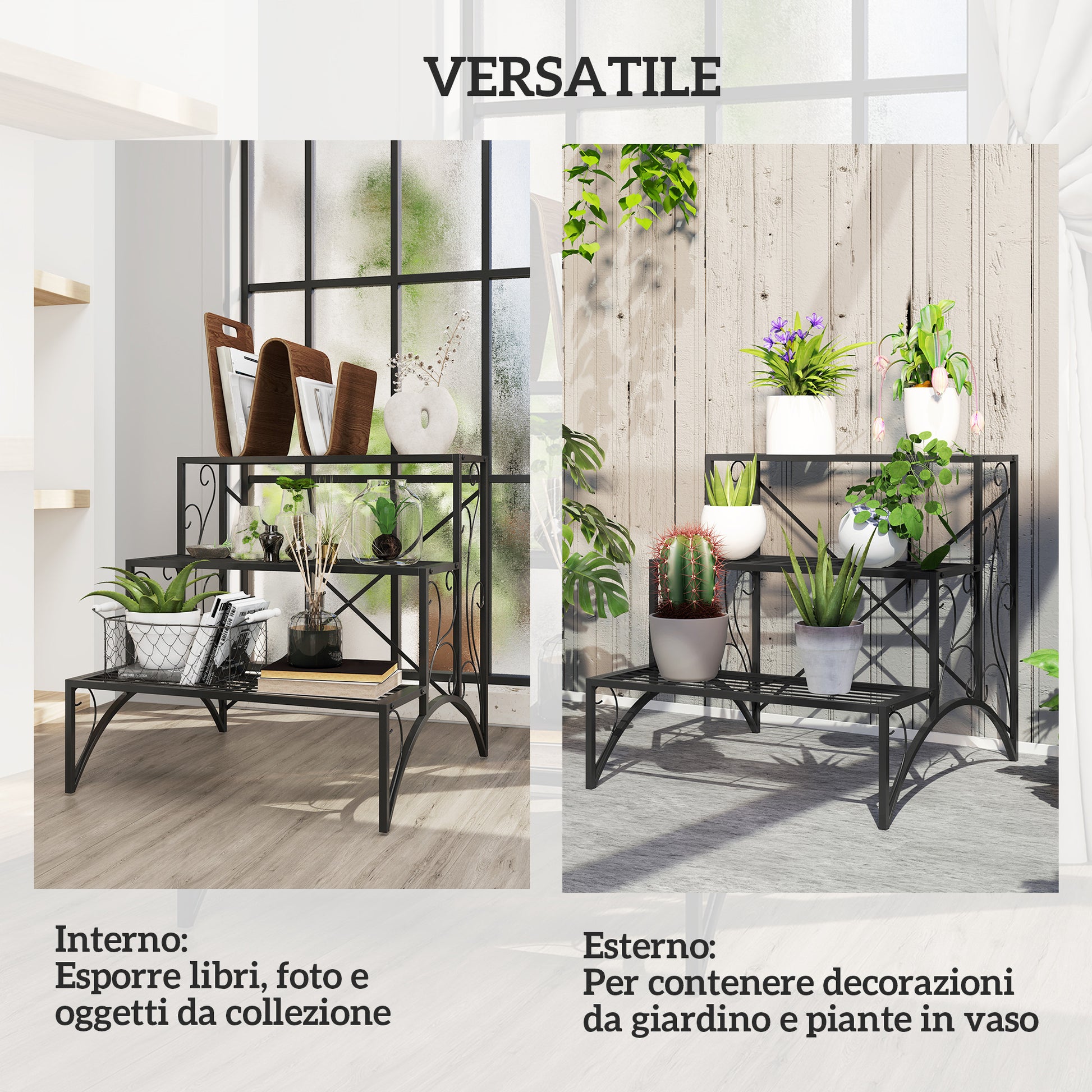 3-Tier Plant Stand, Indoor and Outdoor Plant Stand, Metal Plant Stand, 60x60x60 cm, Black