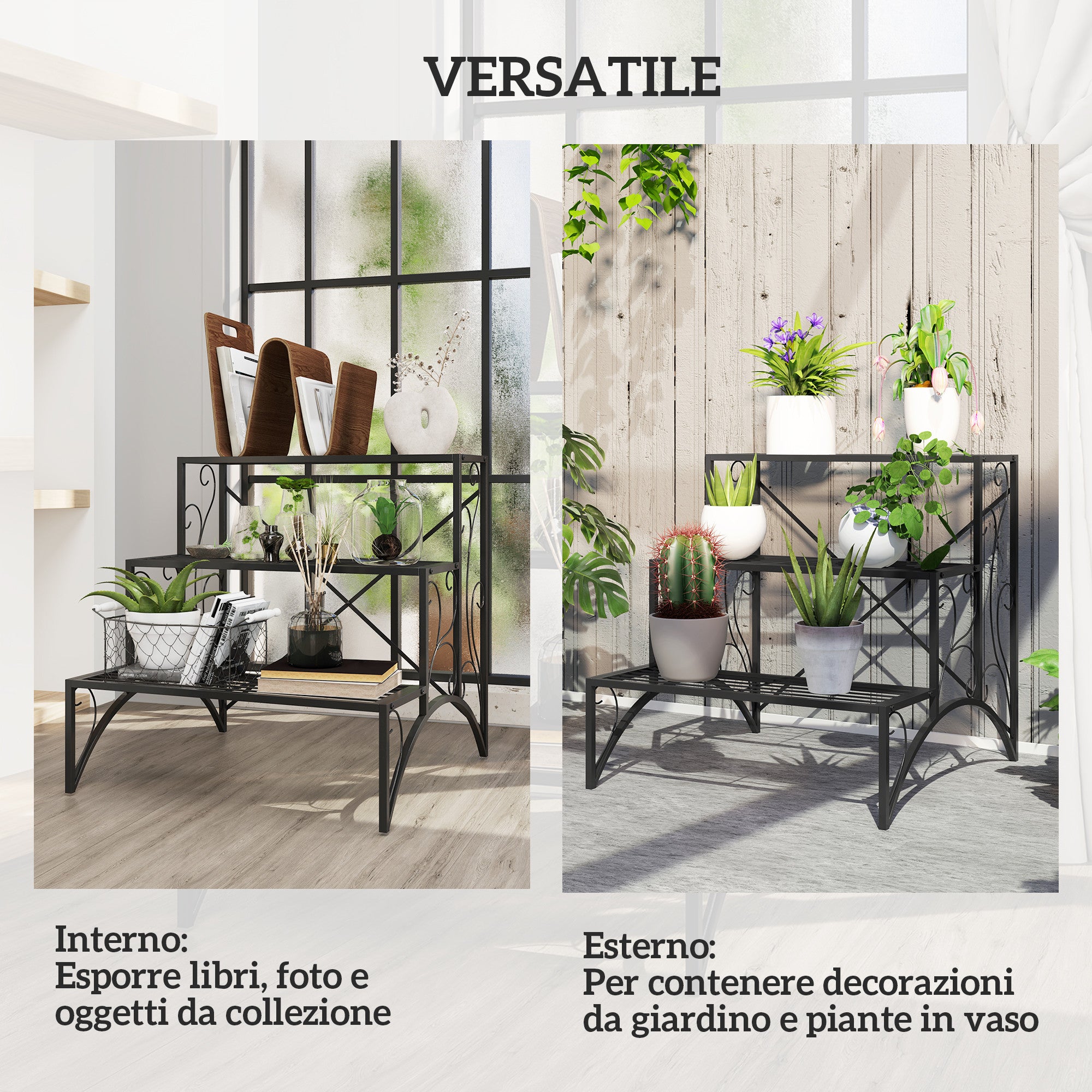 3-Tier Plant Stand, Indoor and Outdoor Plant Stand, Metal Plant Stand, 60x60x60 cm, Black