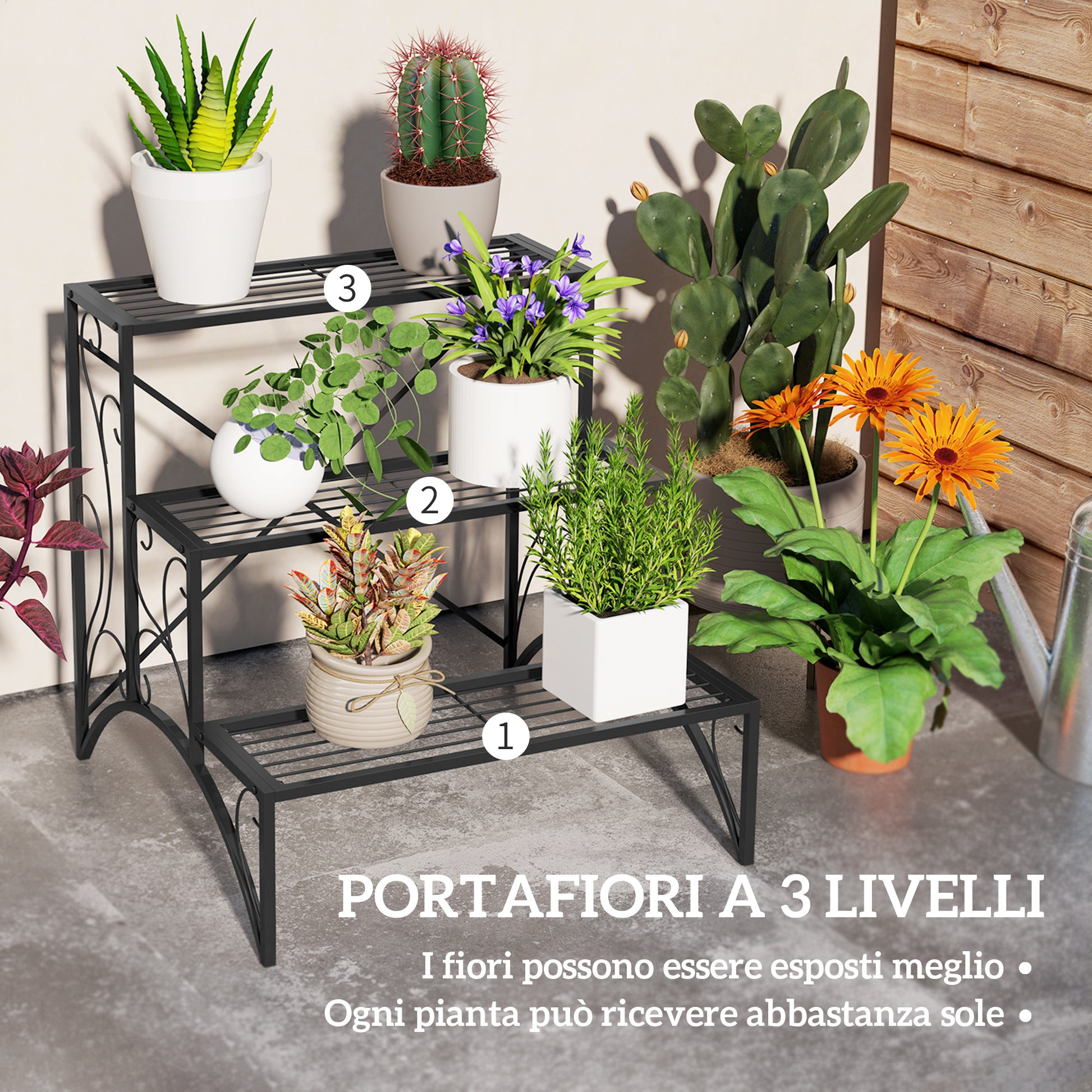 3-Tier Plant Stand, Indoor and Outdoor Plant Stand, Metal Plant Stand, 60x60x60 cm, Black