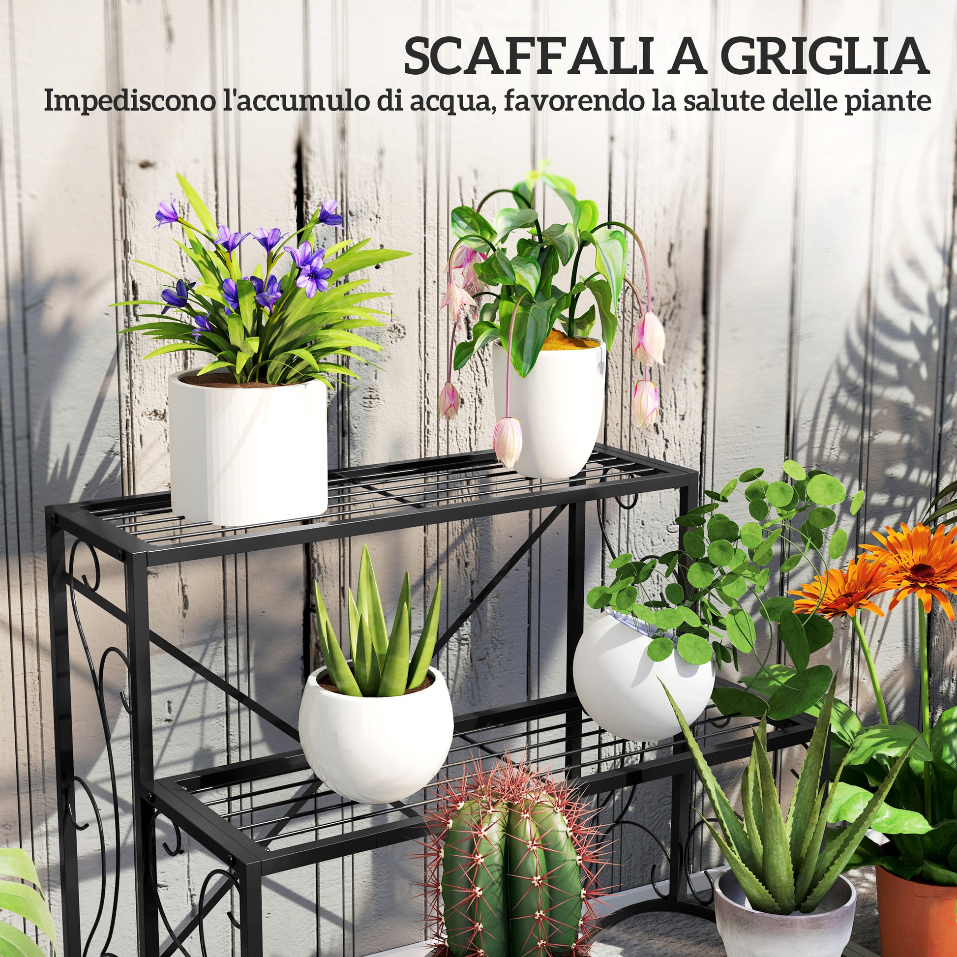 3-Tier Plant Stand, Indoor and Outdoor Plant Stand, Metal Plant Stand, 60x60x60 cm, Black
