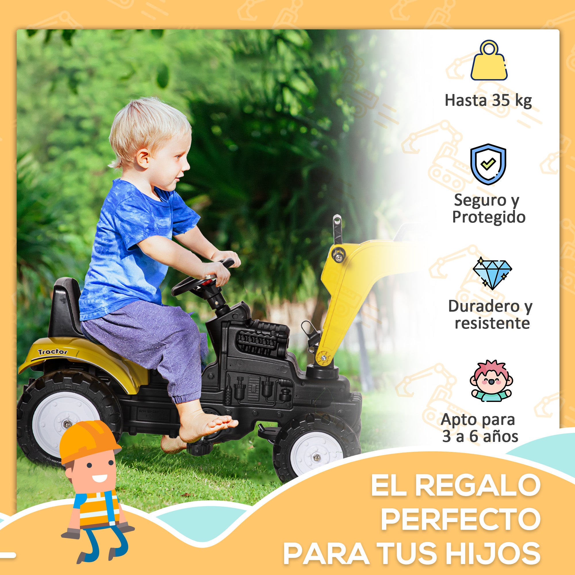 Pedal Tractor for Kids 3+ Years Excavator for Kids with Front Shovel and Horn Load 35kg Outdoor Children's Tractor 107x42x71 cm Yellow