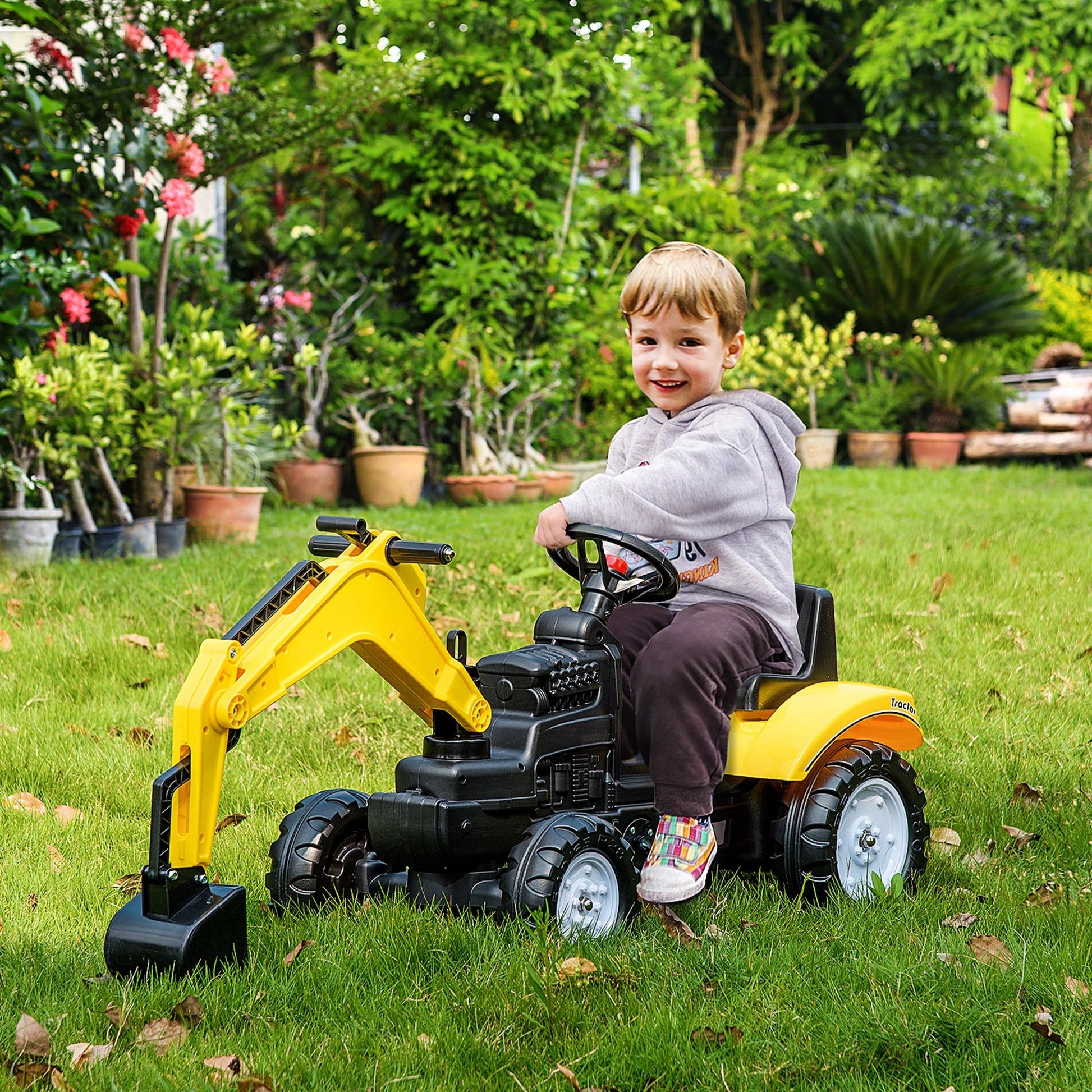 Pedal Tractor for Kids 3+ Years Excavator for Kids with Front Shovel and Horn Load 35kg Outdoor Children's Tractor 107x42x71 cm Yellow