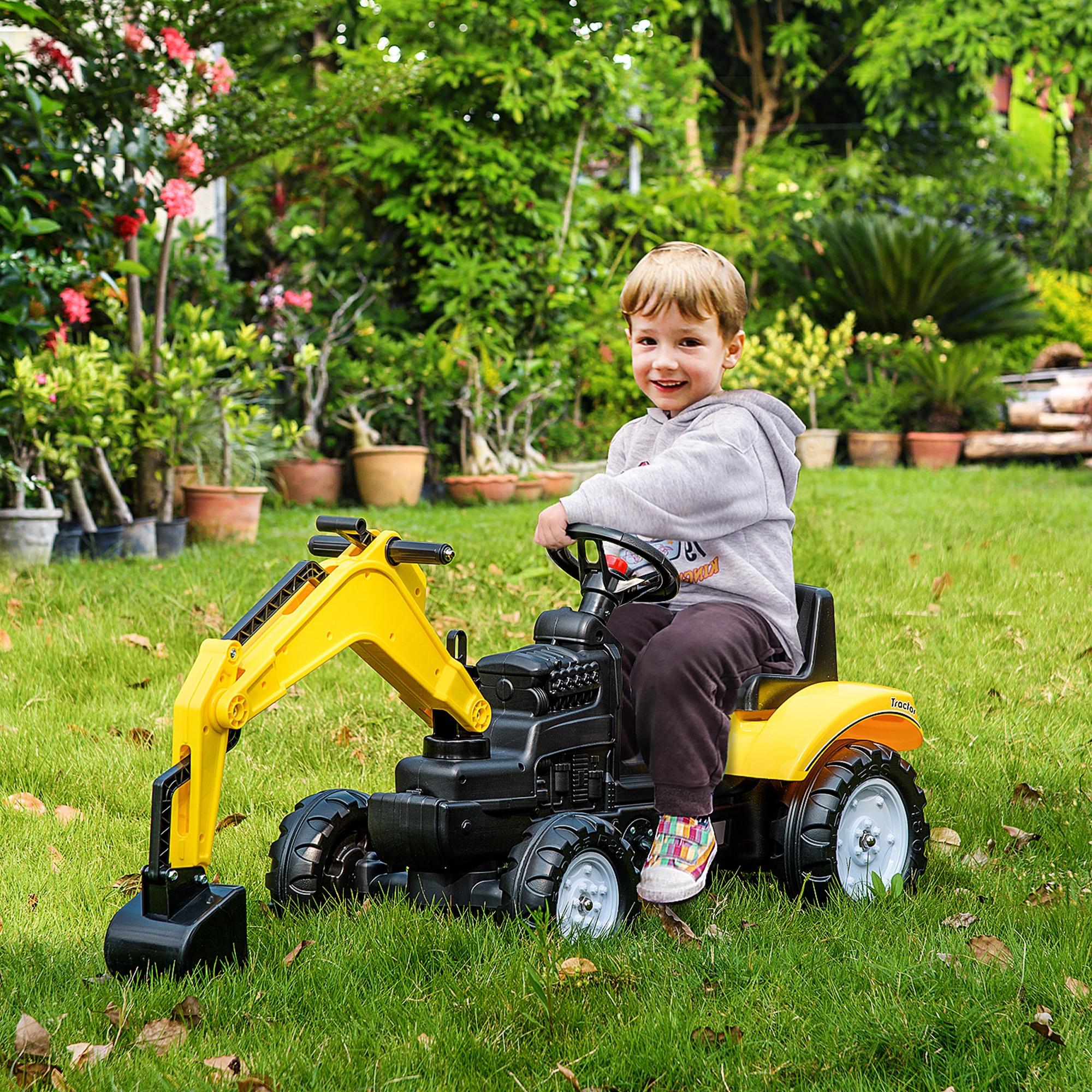 Pedal Tractor for Kids 3+ Years Excavator for Kids with Front Shovel and Horn Load 35kg Outdoor Children's Tractor 107x42x71 cm Yellow