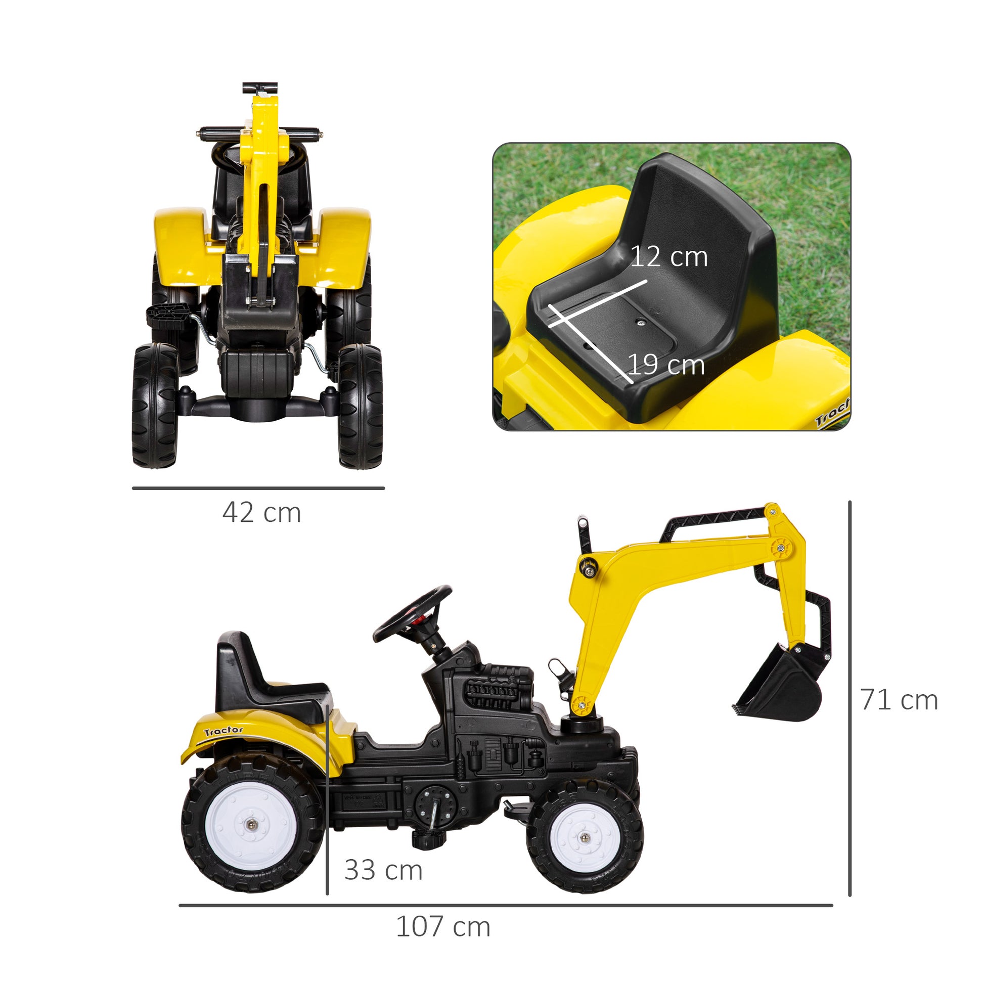 Pedal Tractor for Kids 3+ Years Excavator for Kids with Front Shovel and Horn Load 35kg Outdoor Children's Tractor 107x42x71 cm Yellow