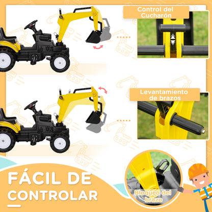 Pedal Tractor for Kids 3+ Years Excavator for Kids with Front Shovel and Horn Load 35kg Outdoor Children's Tractor 107x42x71 cm Yellow
