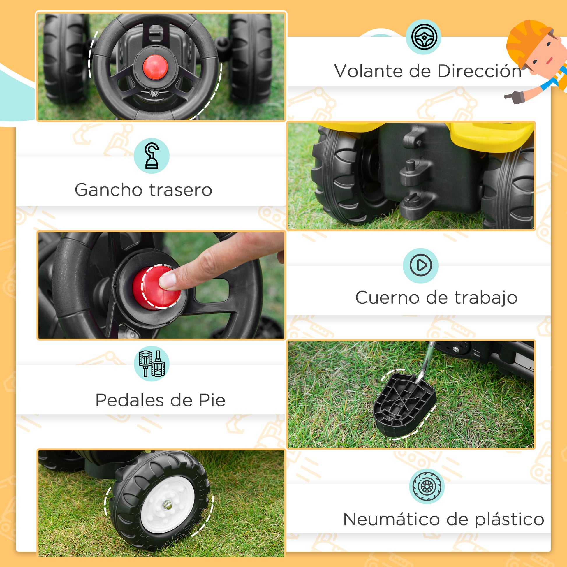 Pedal Tractor for Kids 3+ Years Excavator for Kids with Front Shovel and Horn Load 35kg Outdoor Children's Tractor 107x42x71 cm Yellow