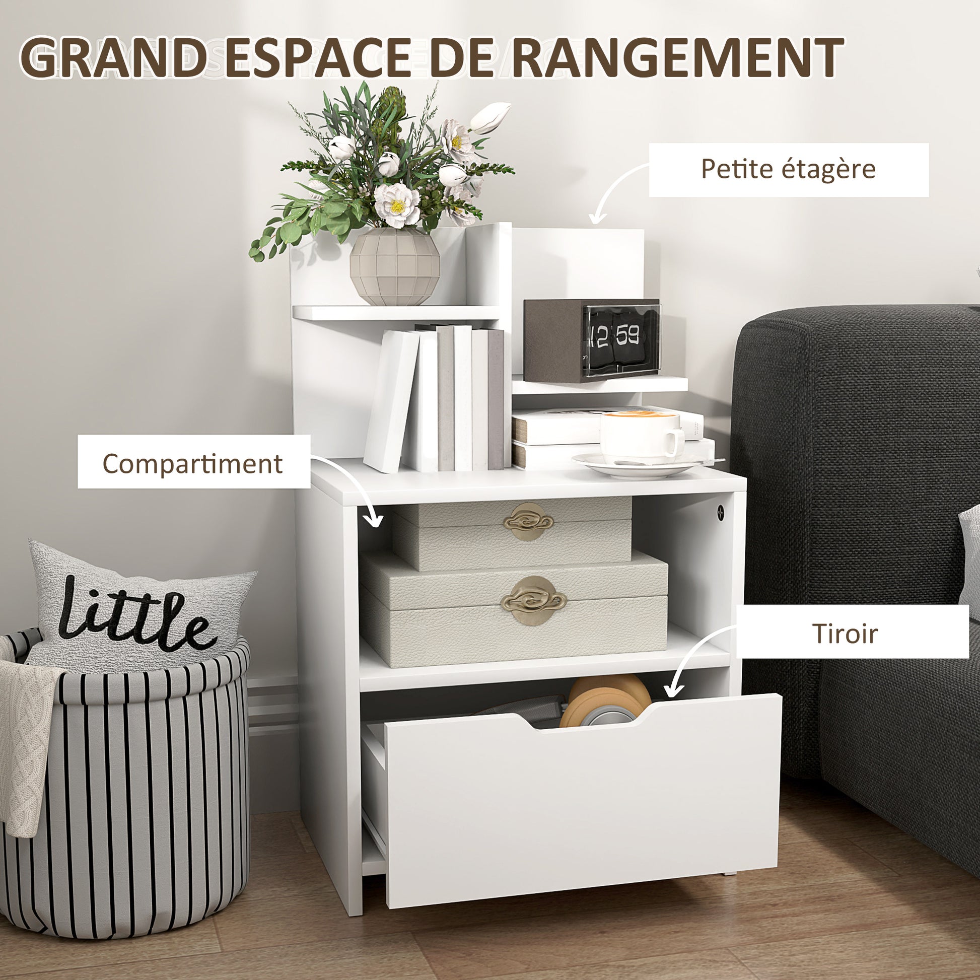 Bedside Table Nightstand with Drawer, Compartment, and Storage Shelves Wood Effect - 45 x 35 x 73 cm White