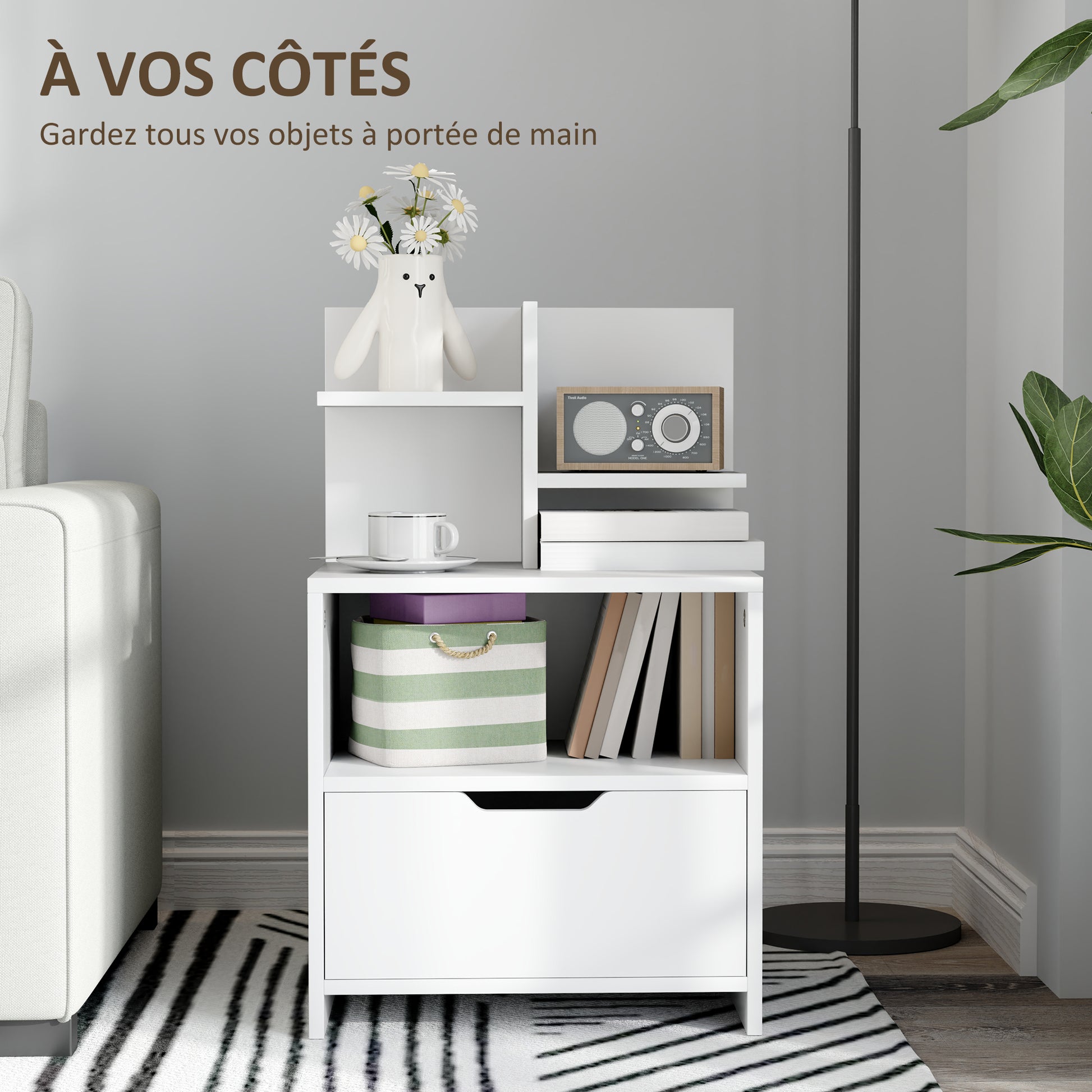Bedside Table Nightstand with Drawer, Compartment, and Storage Shelves Wood Effect - 45 x 35 x 73 cm White