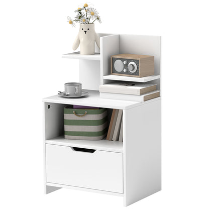 Bedside Table Nightstand with Drawer, Compartment, and Storage Shelves Wood Effect - 45 x 35 x 73 cm White