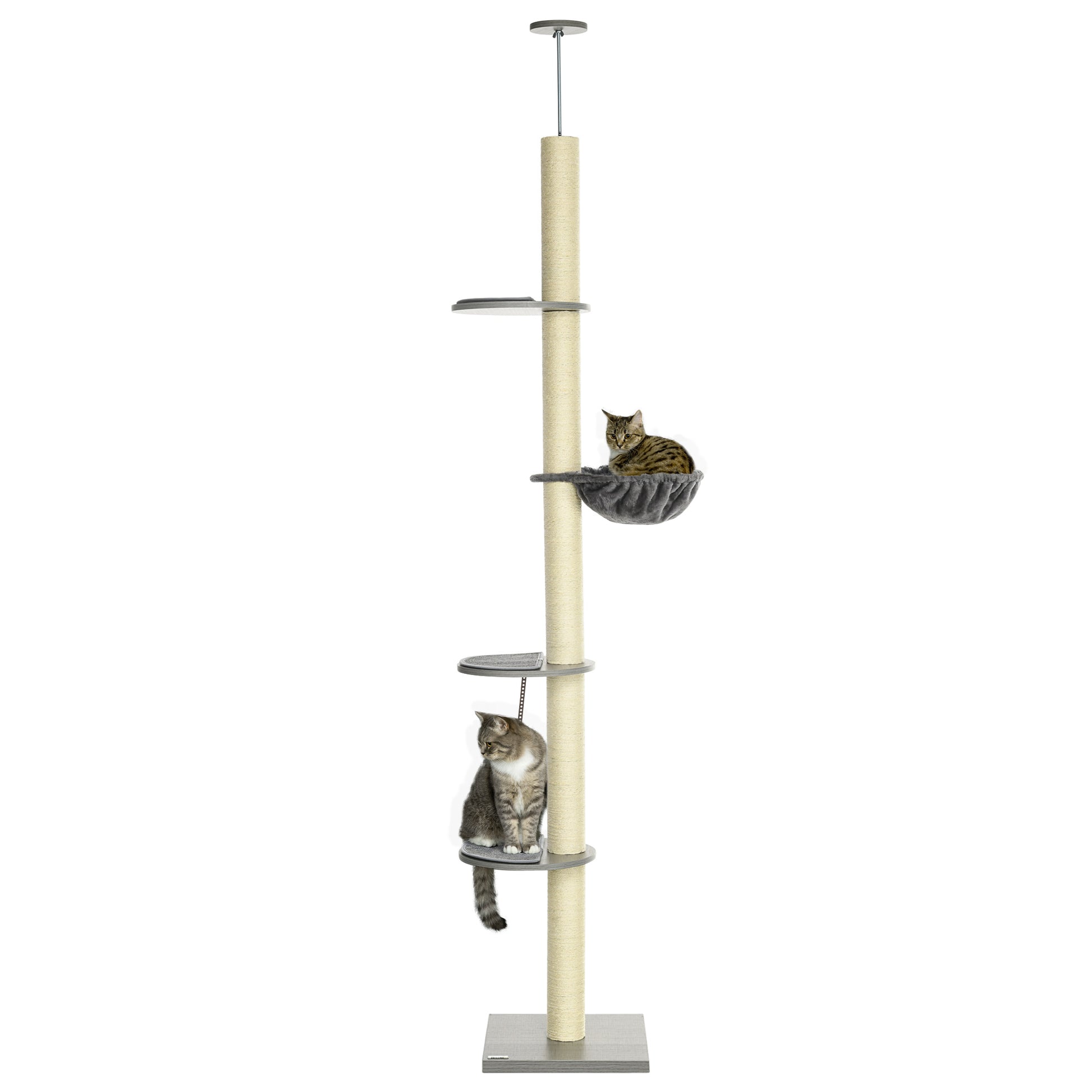 Cat Tree, Floor-to-Ceiling Cat Scratching Tree, 230-250 cm, Climbing Tree with Hammock, Adjustable Height Cat Tree, Play Tree with Tilt Protection, Plush, Grey+Cream White
