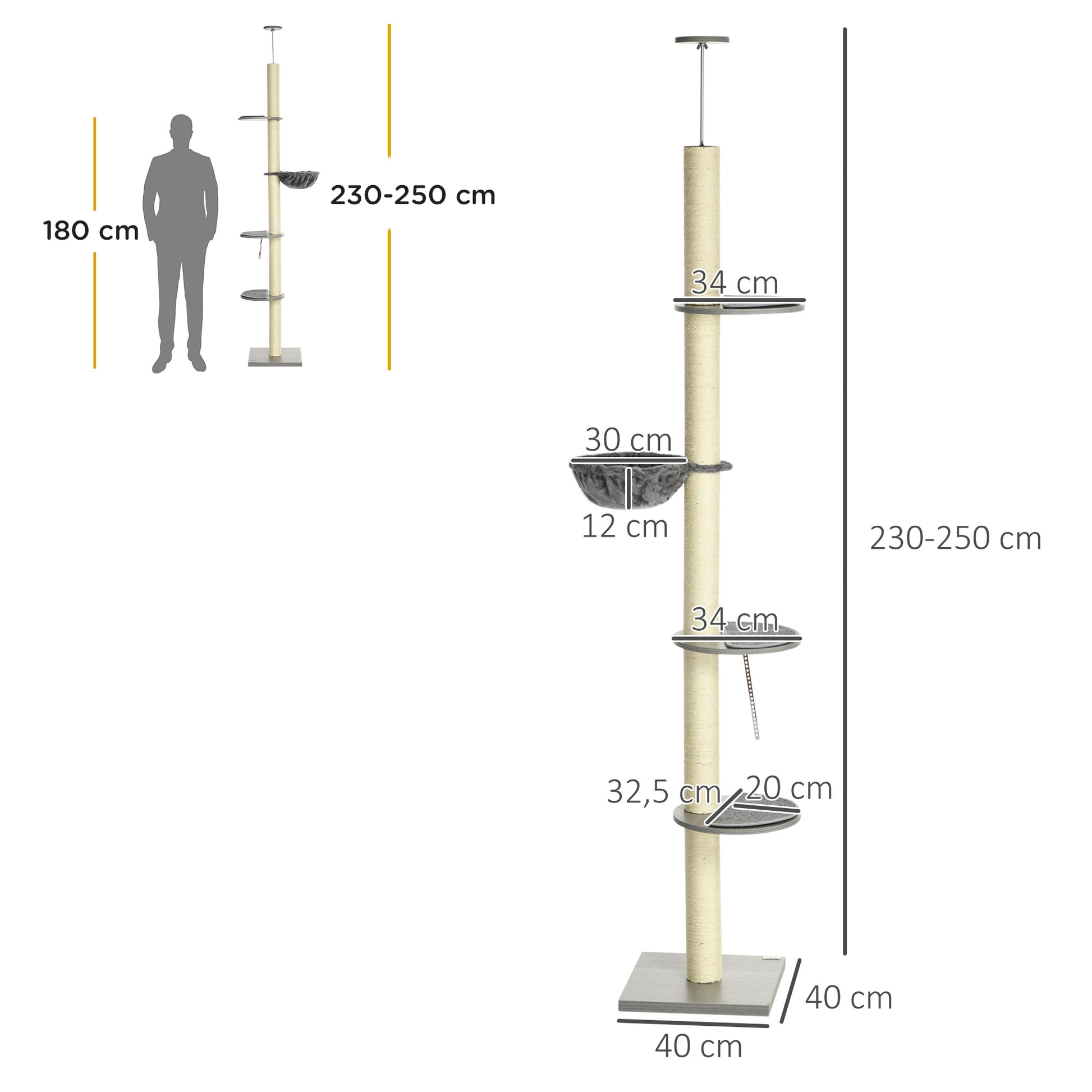 Cat Tree, Floor-to-Ceiling Cat Scratching Tree, 230-250 cm, Climbing Tree with Hammock, Adjustable Height Cat Tree, Play Tree with Tilt Protection, Plush, Grey+Cream White