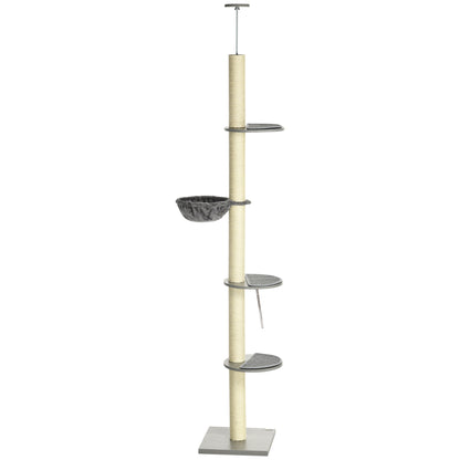Cat Tree, Floor-to-Ceiling Cat Scratching Tree, 230-250 cm, Climbing Tree with Hammock, Adjustable Height Cat Tree, Play Tree with Tilt Protection, Plush, Grey+Cream White