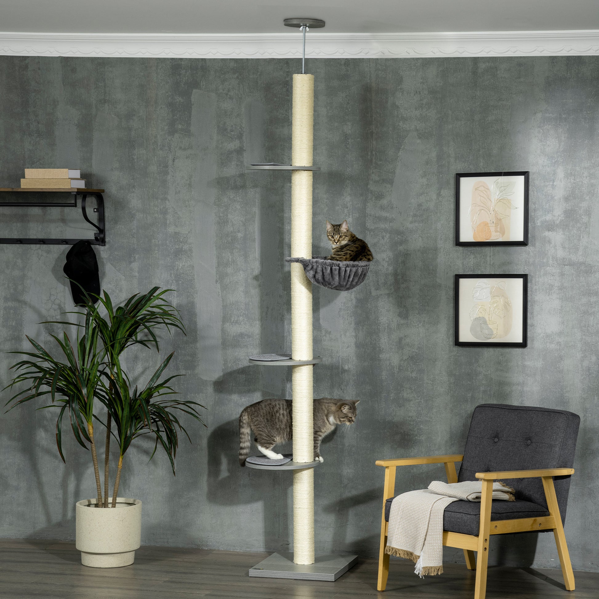 Cat Tree, Floor-to-Ceiling Cat Scratching Tree, 230-250 cm, Climbing Tree with Hammock, Adjustable Height Cat Tree, Play Tree with Tilt Protection, Plush, Grey+Cream White