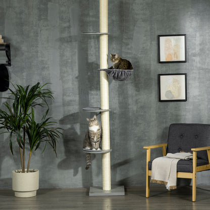 Cat Tree, Floor-to-Ceiling Cat Scratching Tree, 230-250 cm, Climbing Tree with Hammock, Adjustable Height Cat Tree, Play Tree with Tilt Protection, Plush, Grey+Cream White