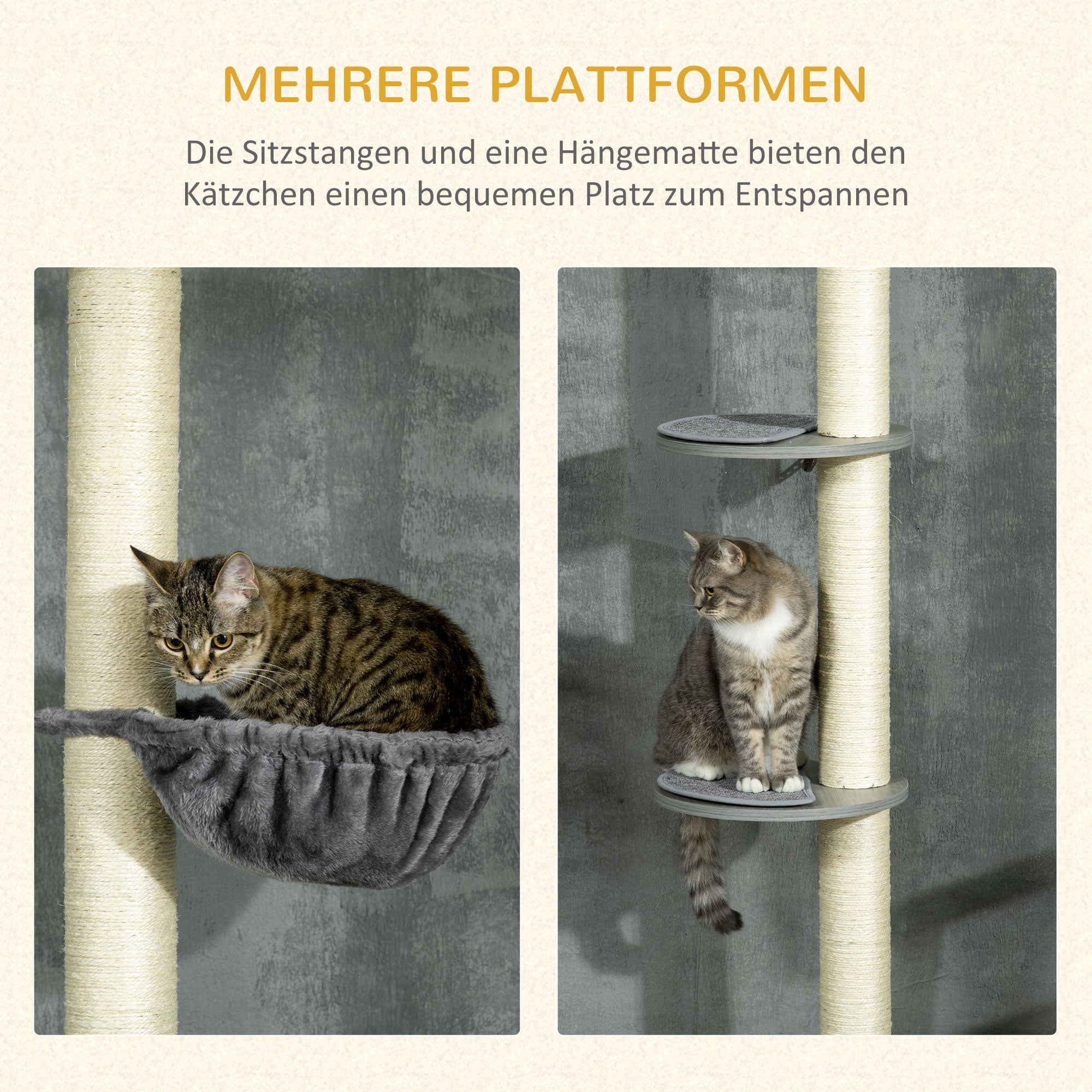 Cat Tree, Floor-to-Ceiling Cat Scratching Tree, 230-250 cm, Climbing Tree with Hammock, Adjustable Height Cat Tree, Play Tree with Tilt Protection, Plush, Grey+Cream White