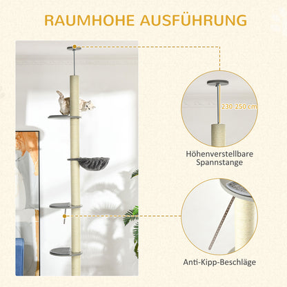 Cat Tree, Floor-to-Ceiling Cat Scratching Tree, 230-250 cm, Climbing Tree with Hammock, Adjustable Height Cat Tree, Play Tree with Tilt Protection, Plush, Grey+Cream White
