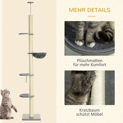 Cat Tree, Floor-to-Ceiling Cat Scratching Tree, 230-250 cm, Climbing Tree with Hammock, Adjustable Height Cat Tree, Play Tree with Tilt Protection, Plush, Grey+Cream White