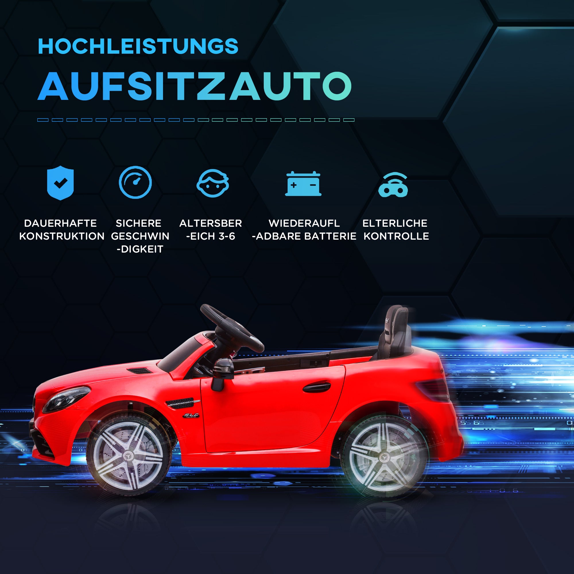 12V Kids Electric Car, Children's Vehicle with 2.4G Remote Control, Electric Vehicle with LED Headlights, Safety Belt, Horn, Music, Mercedes SLC 300 Children's Car for Children from 3 Years, Red