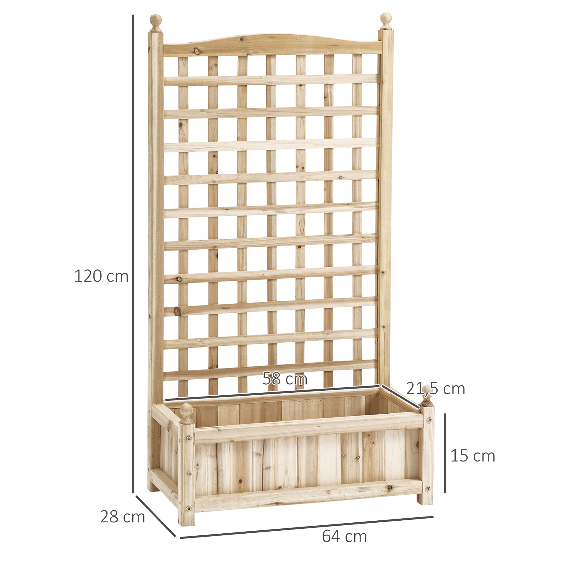 Raised Garden Bed Planter Box with Trellis Flower Box Trellis Arch with Trellis Support for Climbing Plants Garden Wood Natural 64 x 28 x 120 cm