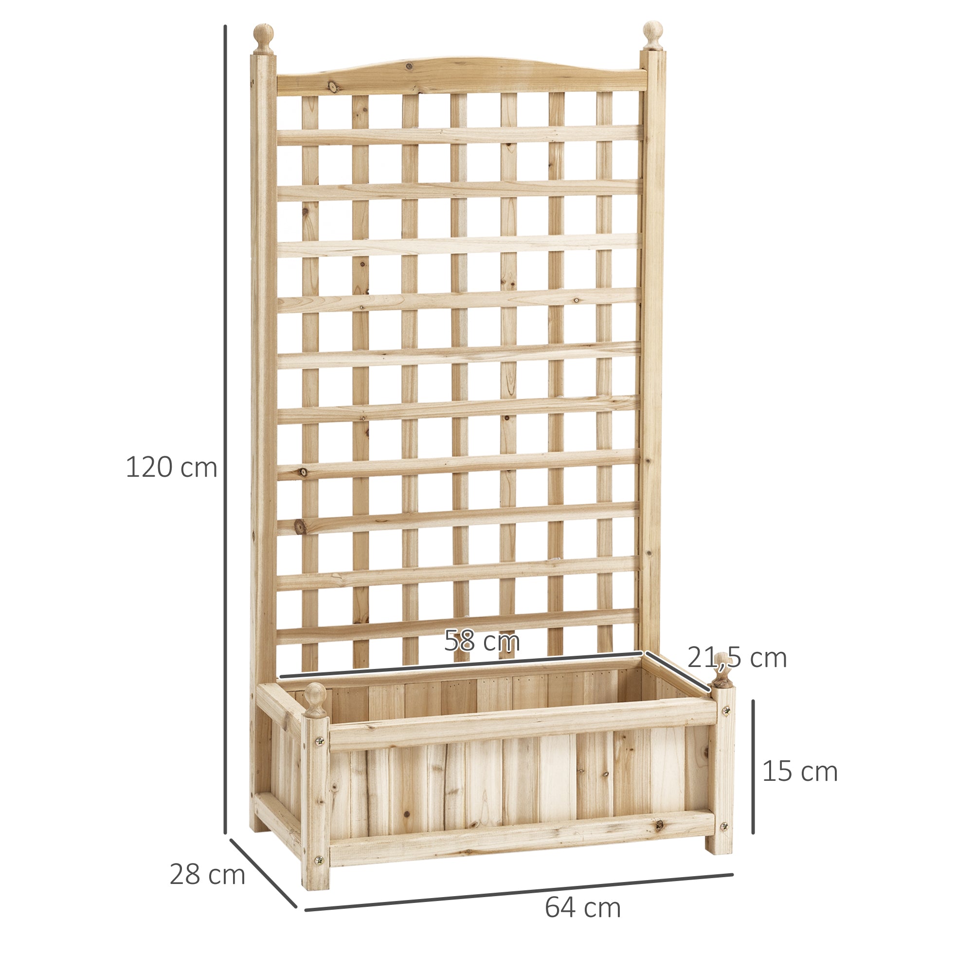 Raised Garden Bed Planter Box with Trellis Flower Box Trellis Arch with Trellis Support for Climbing Plants Garden Wood Natural 64 x 28 x 120 cm