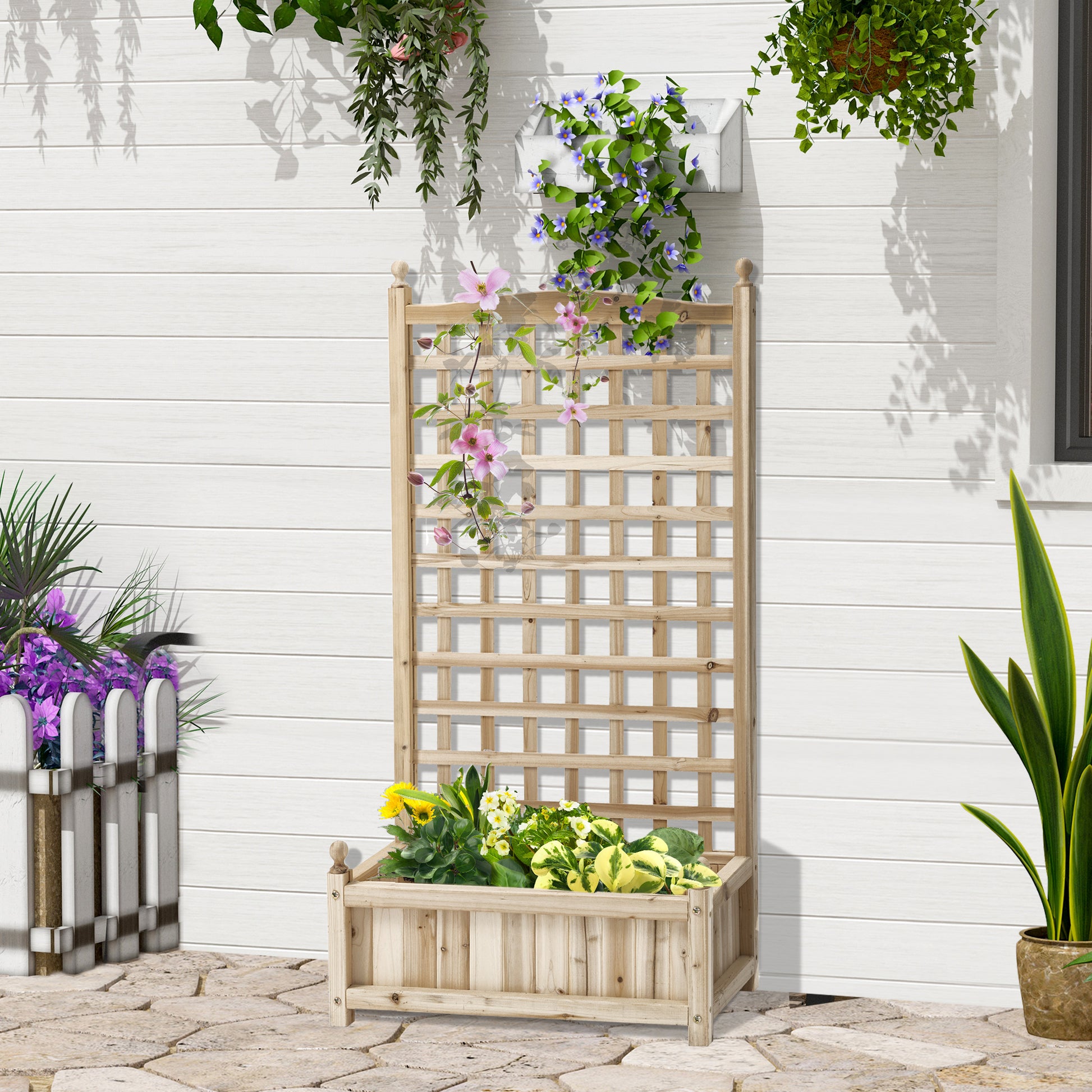 Raised Garden Bed Planter Box with Trellis Flower Box Trellis Arch with Trellis Support for Climbing Plants Garden Wood Natural 64 x 28 x 120 cm