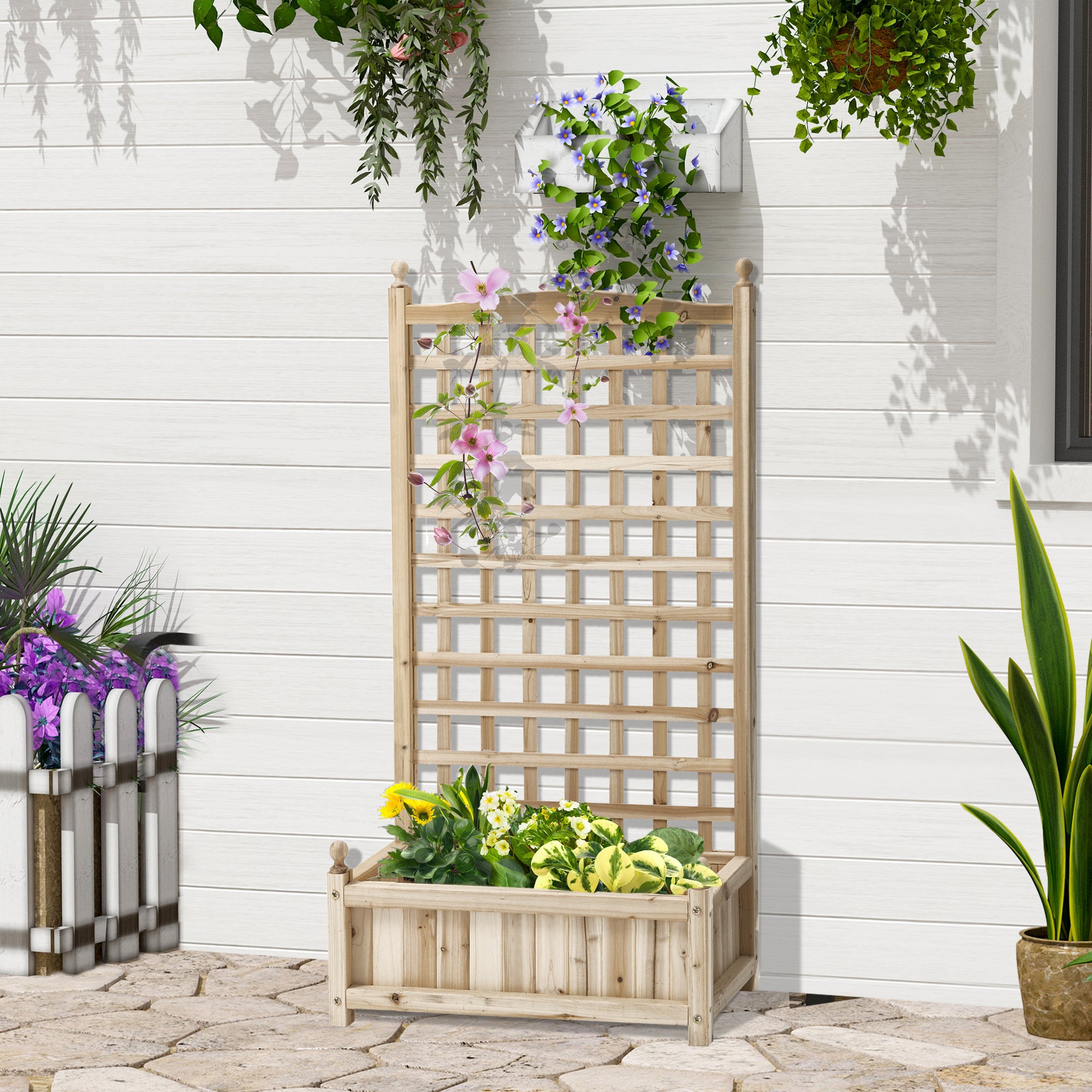 Raised Garden Bed Planter Box with Trellis Flower Box Trellis Arch with Trellis Support for Climbing Plants Garden Wood Natural 64 x 28 x 120 cm