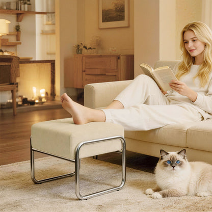 Thick Padded Footstool with Steel Legs, Chenille Upholstery for Bedroom & Living Room, Beige