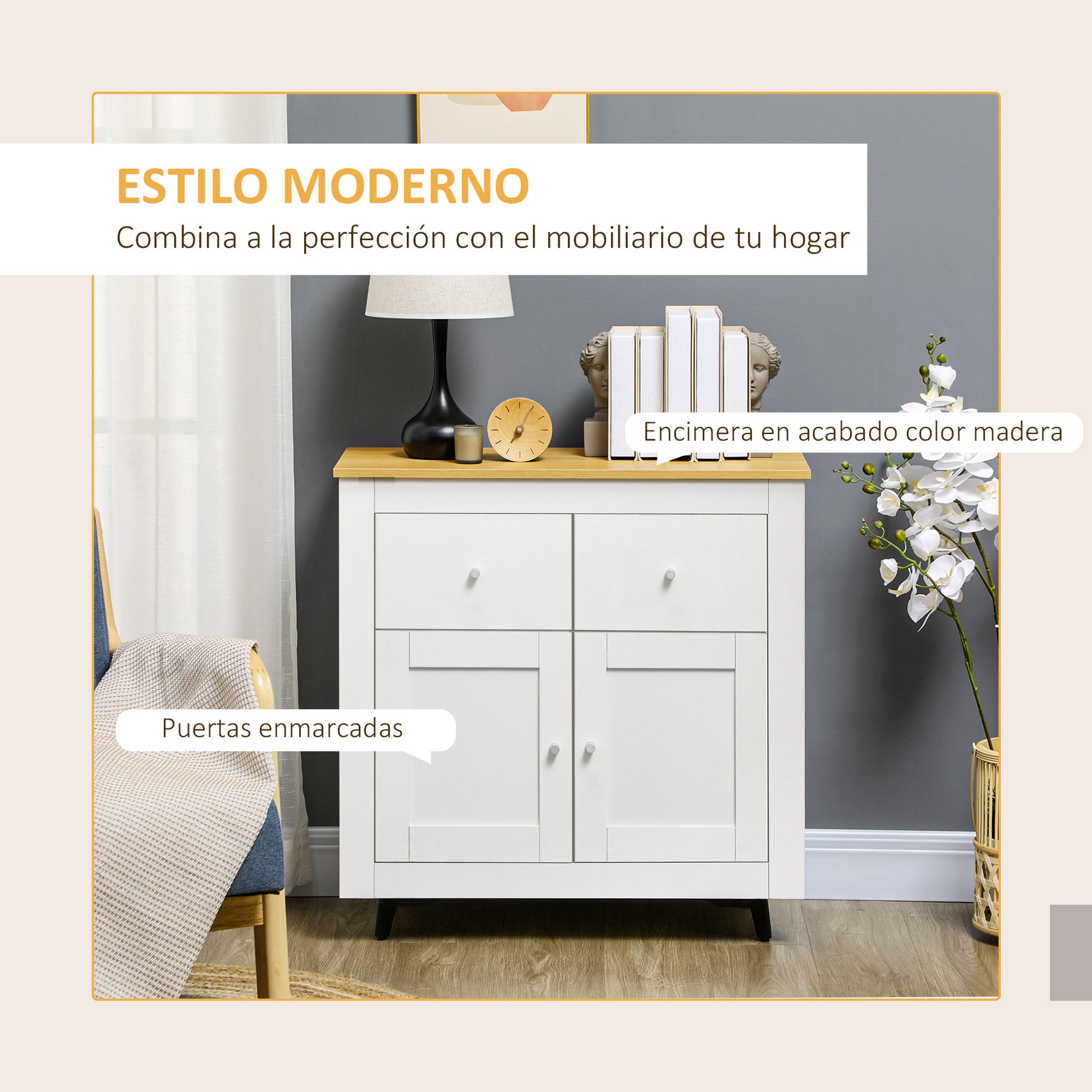 Kitchen Sideboard Buffet Cabinet with Double Doors and 2 Drawers for Living Room Entrance Office 78x35x80 cm White