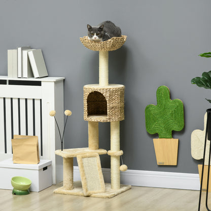 Cat Scratching Post 116 cm Cat Tree with Cat Cave, Cat Bed, Indoor Climbing Tower with Play Ball, Scratching Board, Plush Scratching Furniture for Cats up to 5 kg, Beige