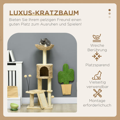 Cat Scratching Post 116 cm Cat Tree with Cat Cave, Cat Bed, Indoor Climbing Tower with Play Ball, Scratching Board, Plush Scratching Furniture for Cats up to 5 kg, Beige