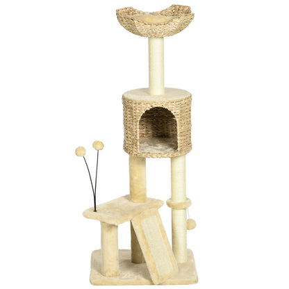 Cat Scratching Post 116 cm Cat Tree with Cat Cave, Cat Bed, Indoor Climbing Tower with Play Ball, Scratching Board, Plush Scratching Furniture for Cats up to 5 kg, Beige