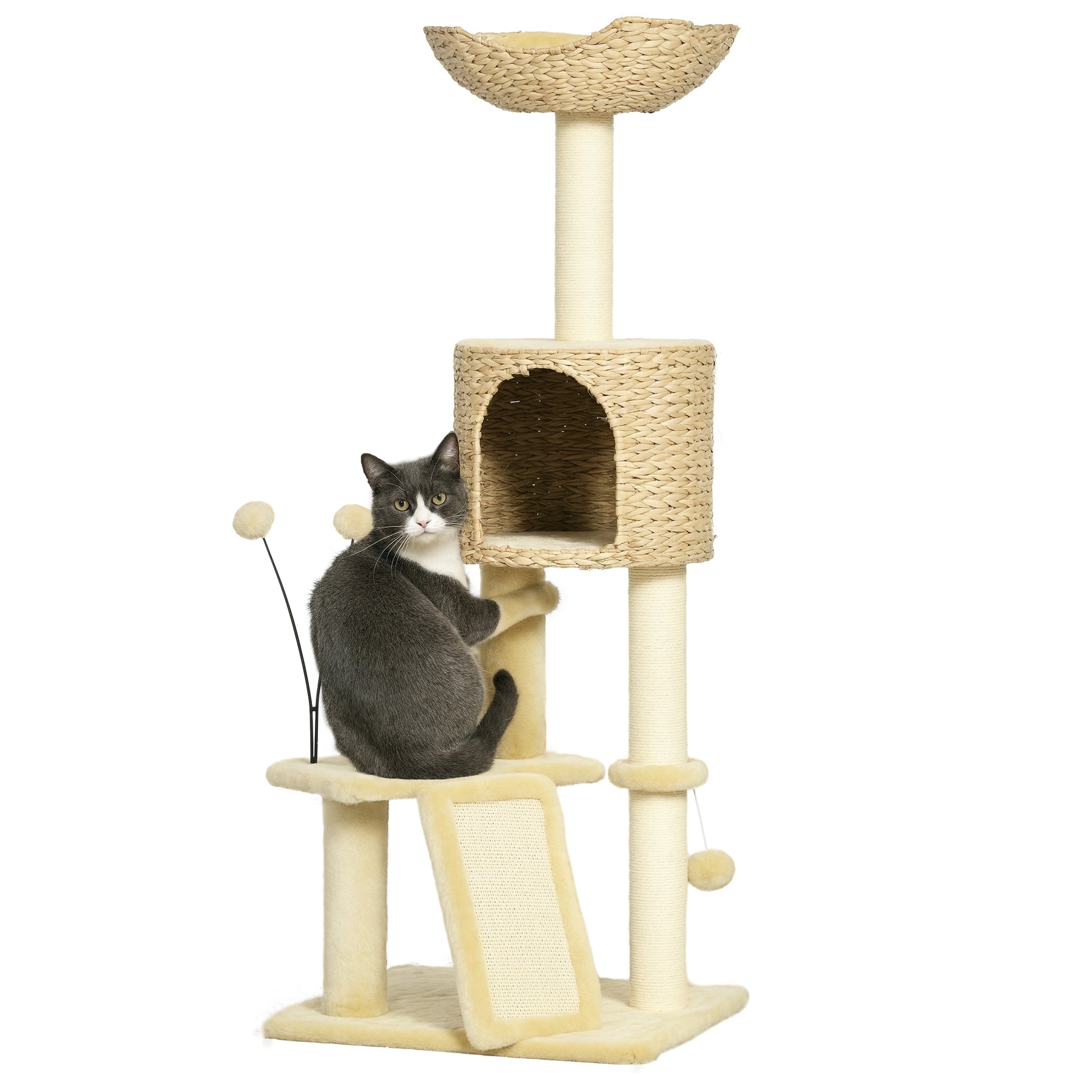 Cat Scratching Post 116 cm Cat Tree with Cat Cave, Cat Bed, Indoor Climbing Tower with Play Ball, Scratching Board, Plush Scratching Furniture for Cats up to 5 kg, Beige