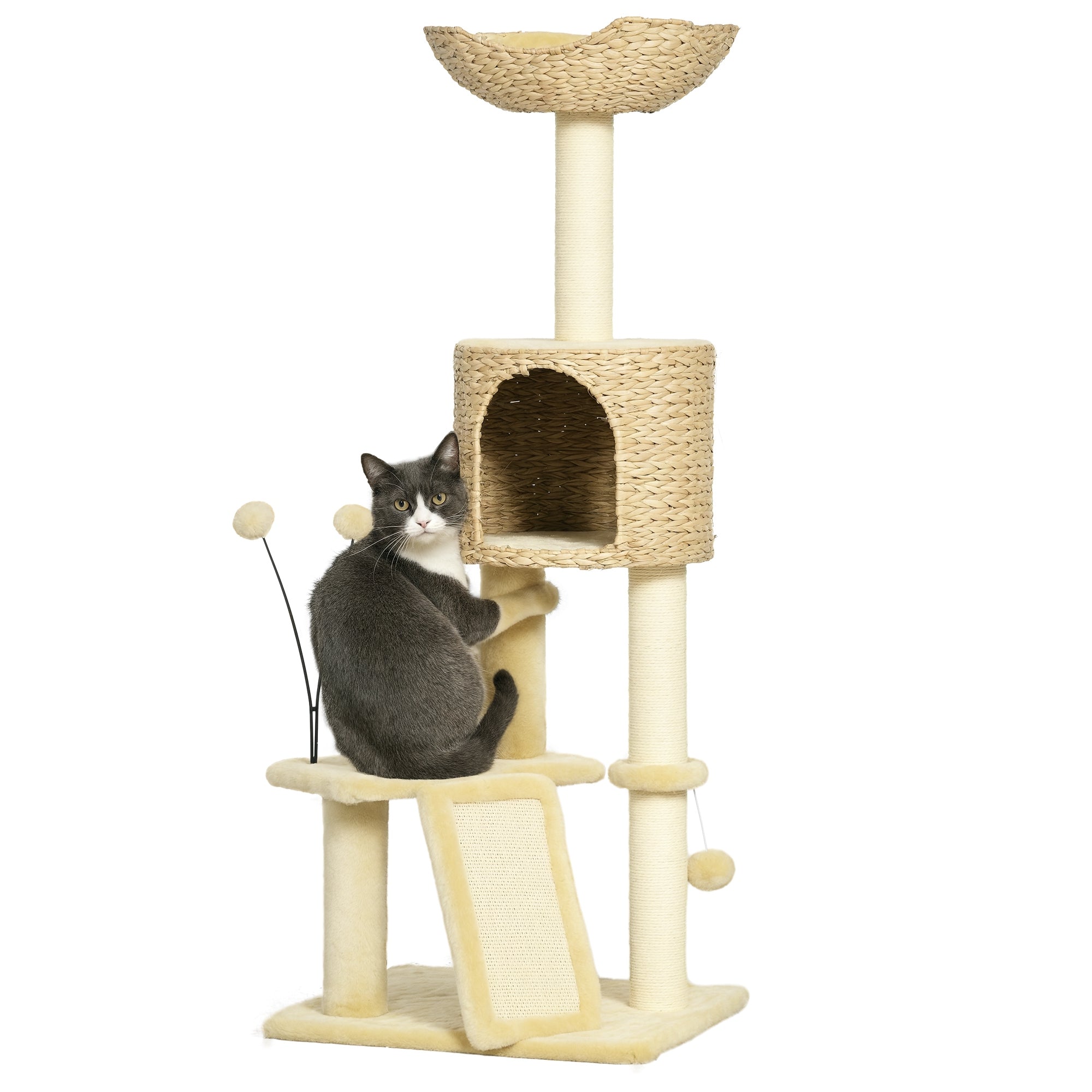 Cat Scratching Post 116 cm Cat Tree with Cat Cave, Cat Bed, Indoor Climbing Tower with Play Ball, Scratching Board, Plush Scratching Furniture for Cats up to 5 kg, Beige
