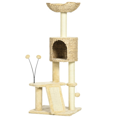 Cat Scratching Post 116 cm Cat Tree with Cat Cave, Cat Bed, Indoor Climbing Tower with Play Ball, Scratching Board, Plush Scratching Furniture for Cats up to 5 kg, Beige