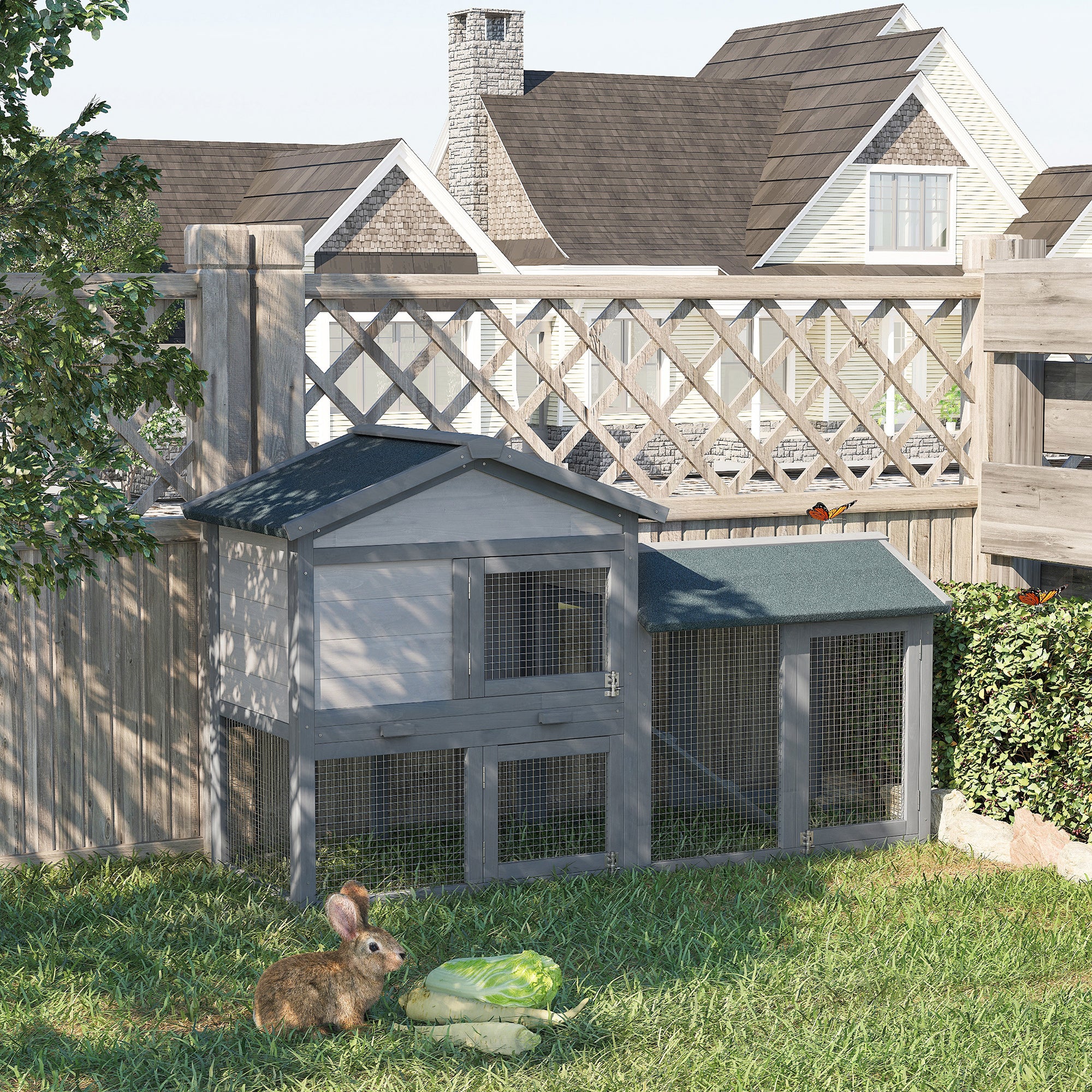 Outdoor Wooden Rabbit Hutch with Removable Tray Non-Slip Ramp Built-in Doors Large Activity Space 147x54x84 cm Gray